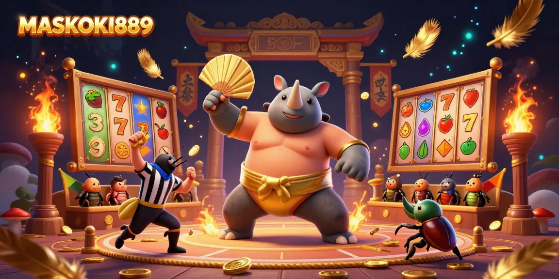 Engaging game scene depicting MASKOKI889 with a rhinoceros beetle champion and slot elements, showcasing dynamic casino excitement.