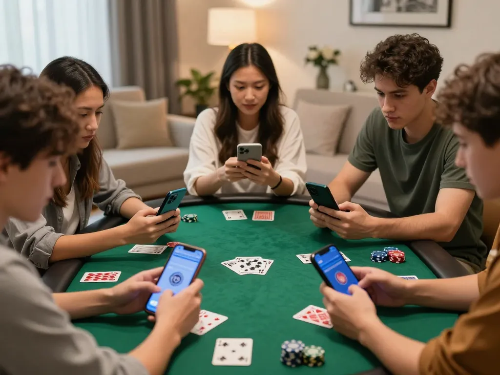 Friends playing online poker with J188 app on smartphones, creating a thrilling home gaming experience.