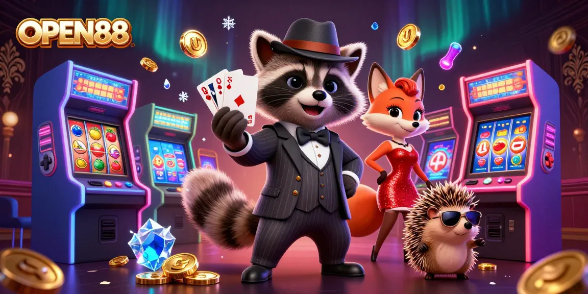 Experience thrilling gaming action at OPEN88 with a vibrant casino-themed illustration showcasing dynamic characters and engaging elements.