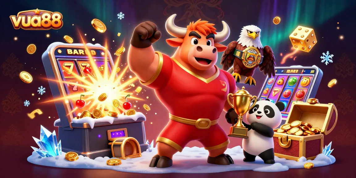 Vua88 casino scene with a bull mascot, eagle, and panda amidst a slot explosion.