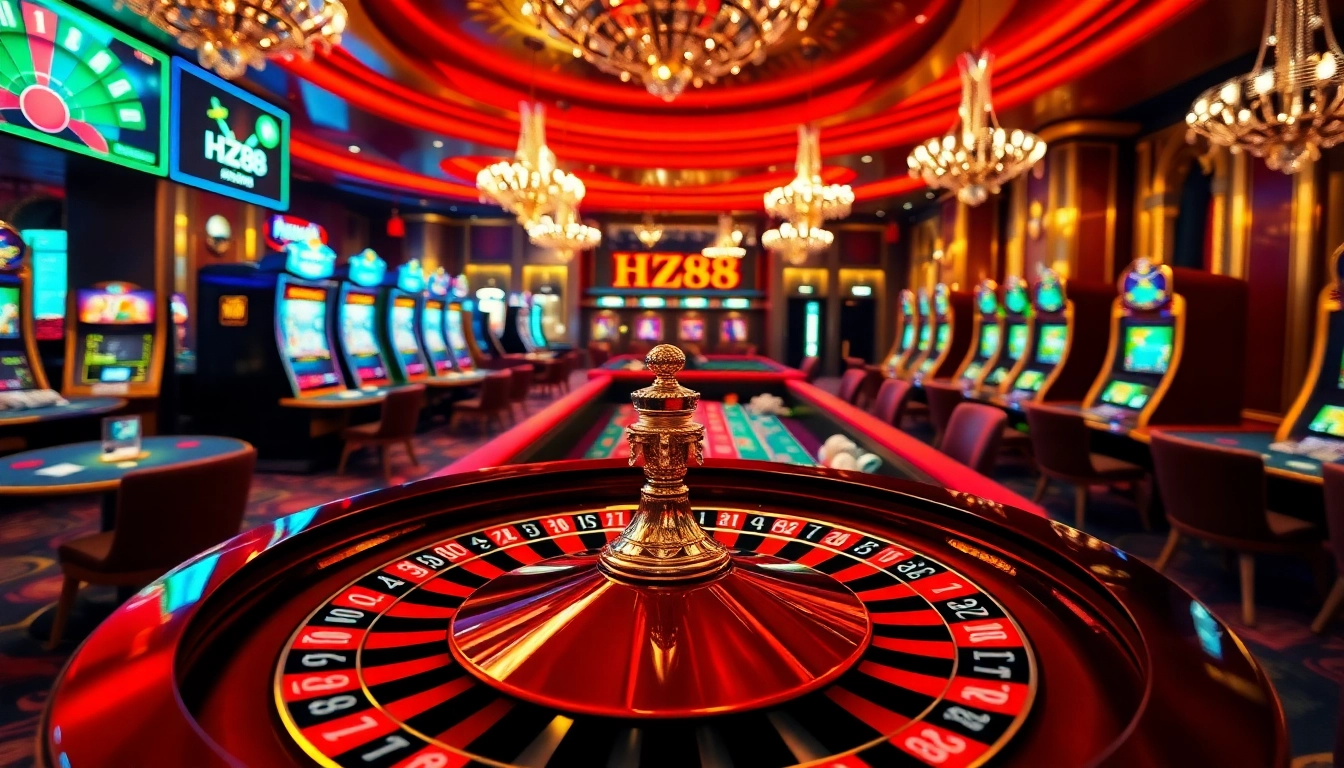 Experience the thrill of gambling at hz88 com with vibrant casino visuals featuring poker tables and slot machines.