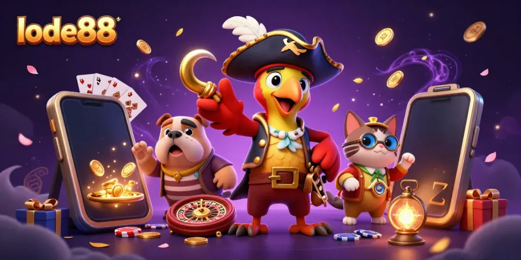 Engage with lode88 excitement through a rich 3D scene of gambling elements and characters.
