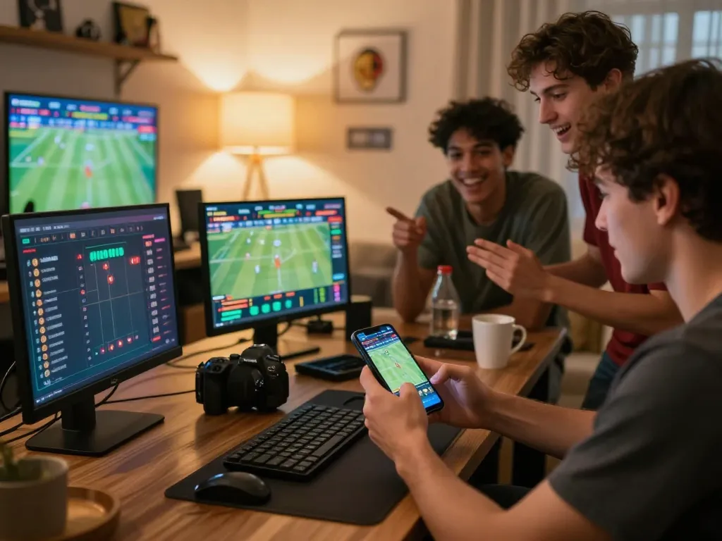 Player engaging in live sports betting on gem88 app in a lively home setting with friends.