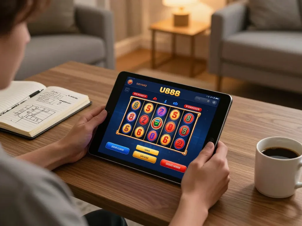 Player enjoying U888 casino app on tablet at home, showcasing responsible gaming.