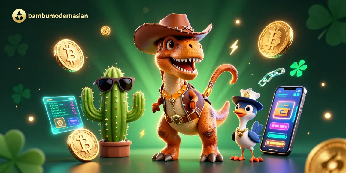 Bambumodernasian showcases a vibrant 3D casino scene with a T-Rex, cactus, and roadrunner in action.