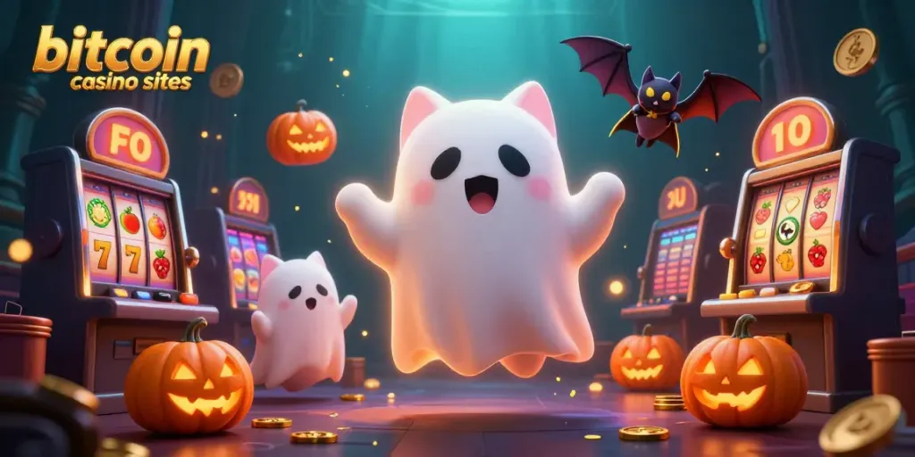Immerse yourself in the excitement of bitcoin casino sites with a ghost cat and vampire bat amidst glowing jack-o-lanterns.