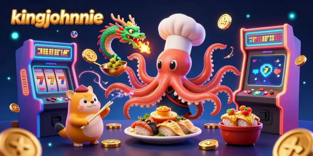 Experience thrilling big wins with kingjohnnie at an ultra-detailed 3D casino scene featuring vibrant, engaging characters.