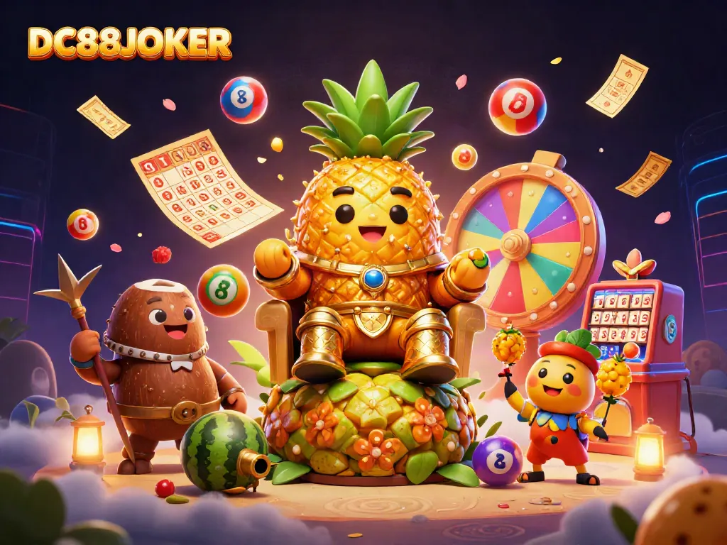 Engage in thrilling games at DC88JOKER with a colorful casino scene filled with lottery balls and gold tickets.