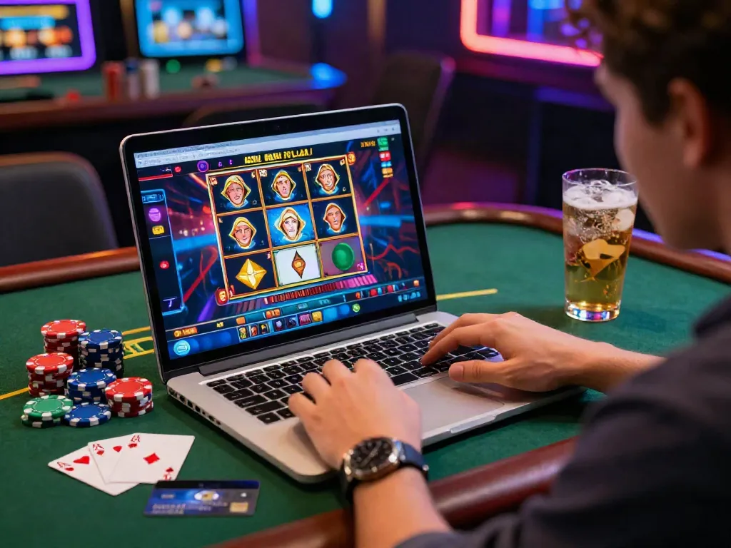 Exciting scene of a player enjoying games at casinos that accept credit card, surrounded by vibrant casino elements.