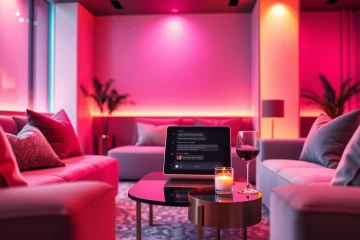 Intimate lounge area showcasing AI sexting interactions through a digital device, warm romantic setting.
