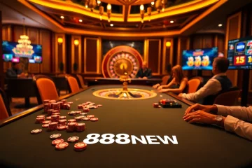 Exciting poker game at 888NEW casino with vibrant chips and roulette wheel.