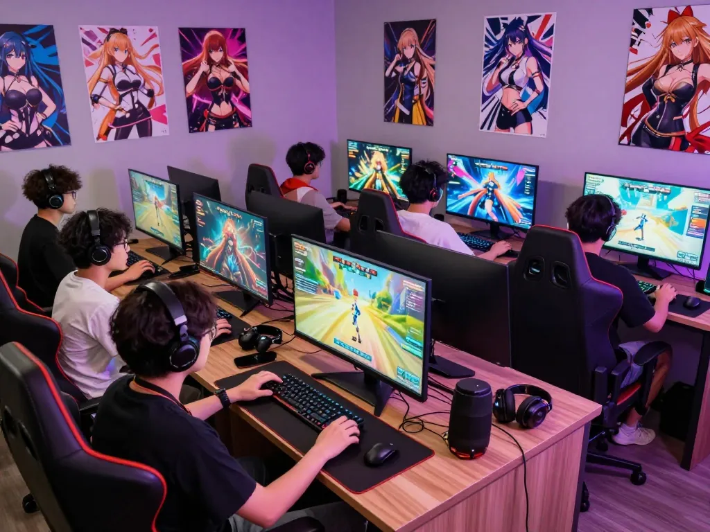 Engaged gamers enjoying vibrant hentai games in a lively online gaming environment.