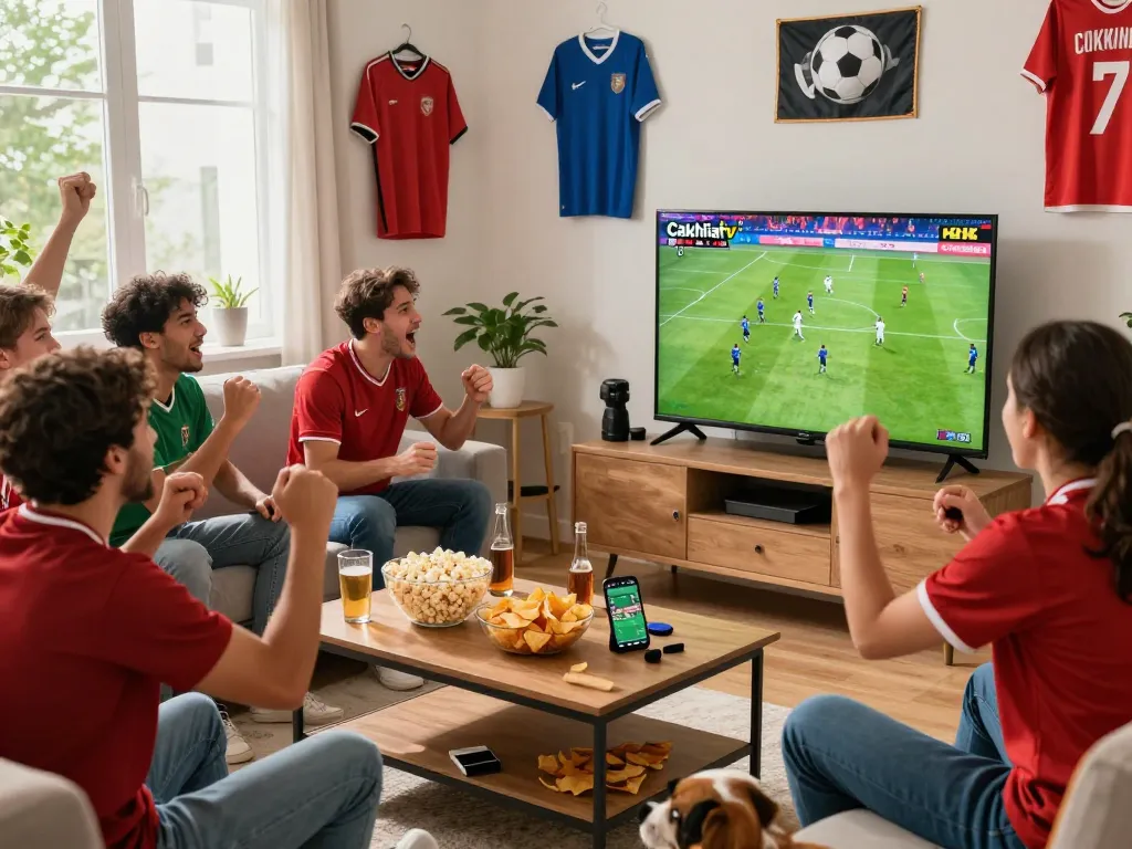 Cakhiatv live soccer viewing scene with fans enjoying a match together, vibrant atmosphere, snacks, and decor.