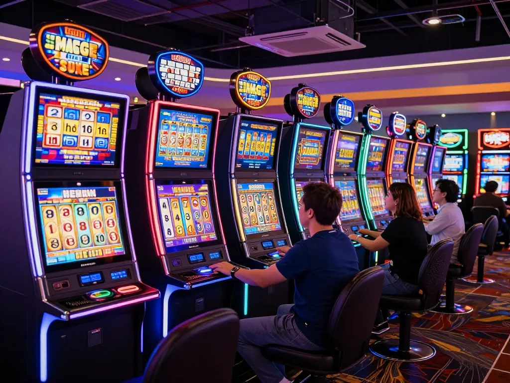Players engaging with colorful slot machines, pressing spin buttons for a thrilling casino experience.