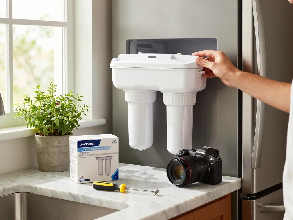 Installing Overbest OB6013 Replacement for GE® MWF® water filter in a modern kitchen setting.