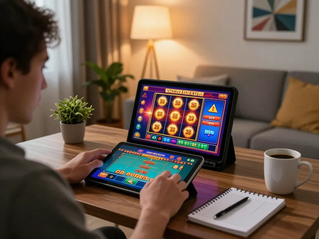 VA88 player engages in exciting online gaming session at home with vibrant slot graphics.